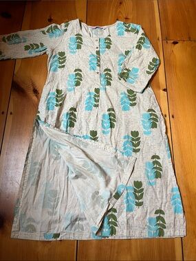 PROJECT EVE M Oatmeal Mod Floral Print Lagenlook Tunic High Slit Linen Kameez